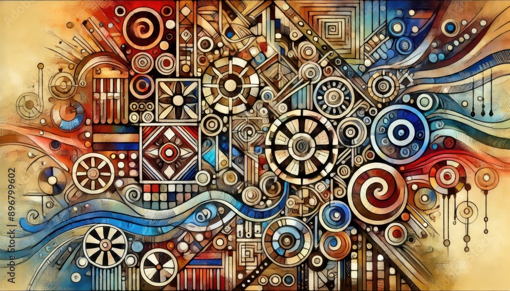 Poster abstract geometric pattern with circles, spirals, and lines in warm colors.