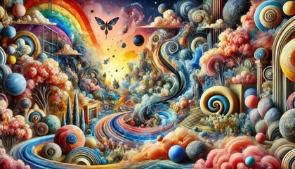 Fototapeta premium Abstract Surreal Landscape with Rainbow, Butterfly, and Spirals.
