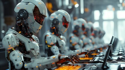 Fototapeta premium A futuristic AIpowered workplace with robotic assistants and virtual collaboration tools, more clarity with clear light and sharp focus, high detailed