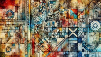 Obraz premium Abstract Geometric Artwork with Circles, Squares and Rectangles in Warm Colors.