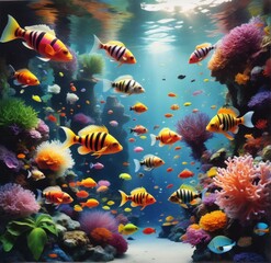 Fototapeta premium Colorful Fish Swimming underwater scene large group colorful fis