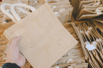 Fabric bag made from hessian sack. Shopping bag made out of recycled. reusable and environmentally friendly