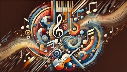 Abstract Music Illustration with Treble Clef, Violin, and Piano Keys.