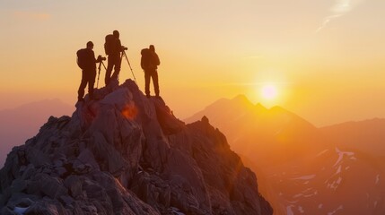 A silhouette of people stands on a mountain, witnessing a breathtaking sunrise with vibrant colors and a serene sky, evoking a sense of adventure and peace.