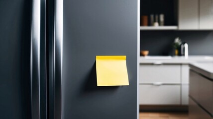 Refrigerator door, an empty yellow paper note, and a blurred kitchen background.