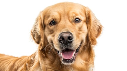 close-up isolated white portrait of a golden retriever dog.