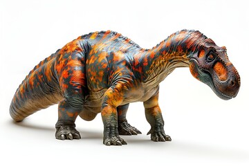 Fototapeta premium A toy dinosaur standing on a white background.