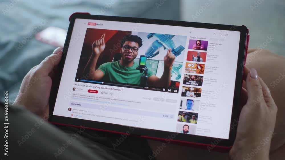 Poster close up of caucasian woman watching video of blogger about 3d modeling using tablet computer while 
