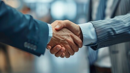 Two professionals shaking hands in a formal setting, symbolizing agreement, partnership, and successful business negotiation.