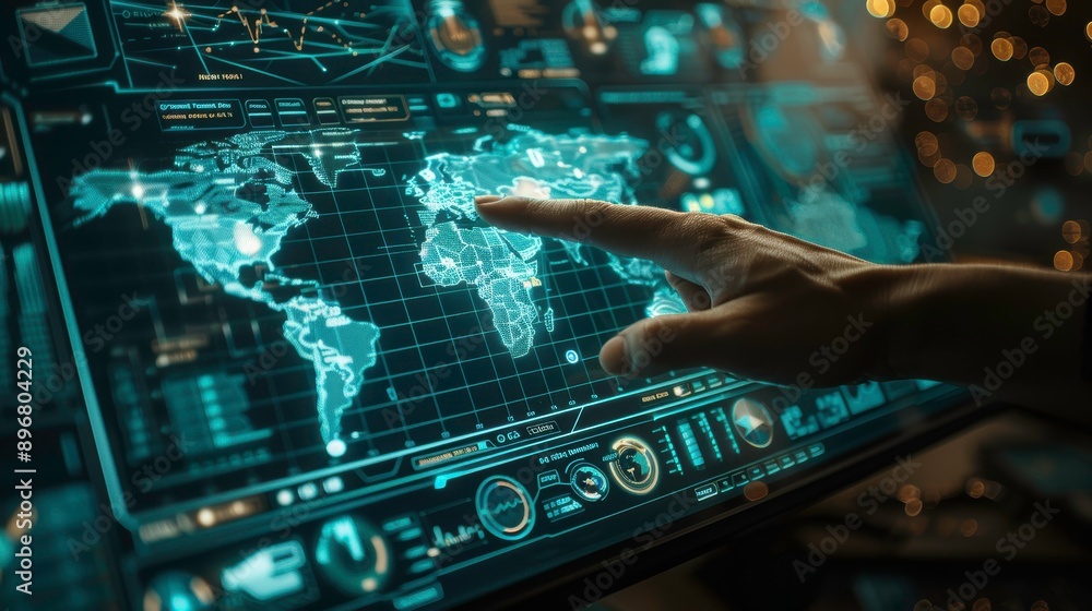 Poster a close-up of a hand interacting with a digital map interface, showcasing advanced technology and gl