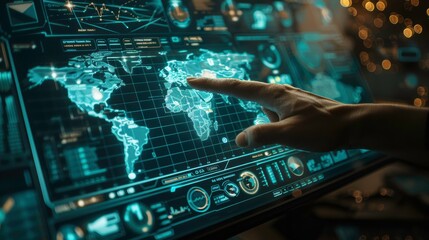 A close-up of a hand interacting with a digital map interface, showcasing advanced technology and global connectivity.