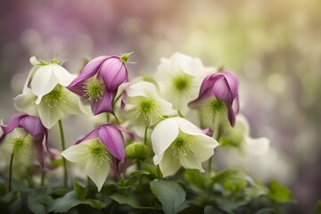 Lenten roses flower bokeh background, AI Generated