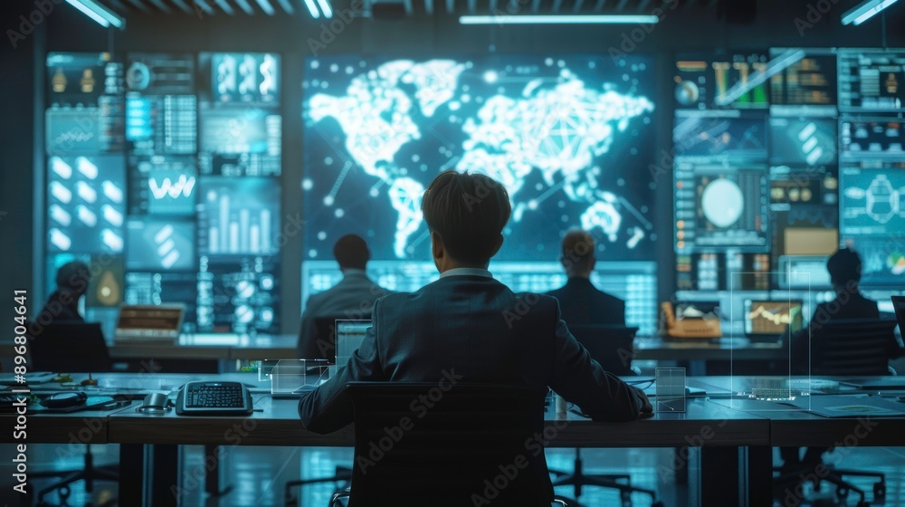 Poster a focused meeting in a high-tech control room, featuring world maps and data on large screens. profe