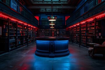 15. An image of a high-tech library dedicated to AI ethics and regulations. Shelves are filled with books and digital resources on legal standards and policies, and researchers are seen studying and