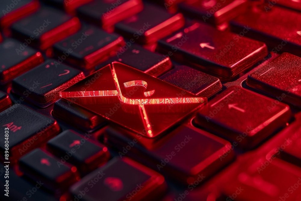 Poster a computer keyboard featuring a prominent red logo, email security warning, unauthorized access to y