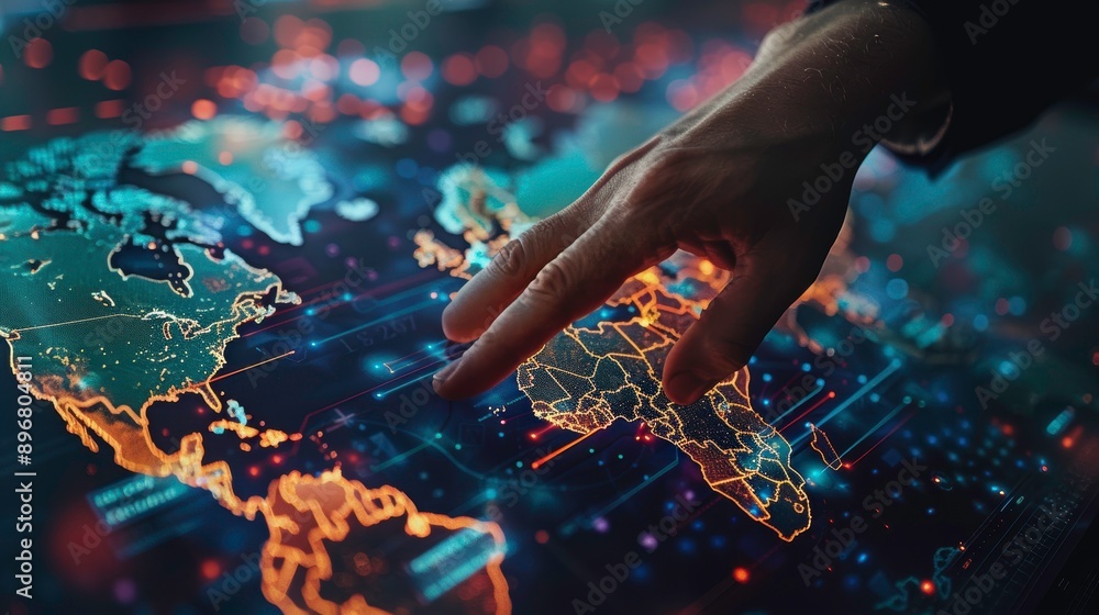 Poster a hand interacting with a digital world map, showcasing data connections and geographical insights f