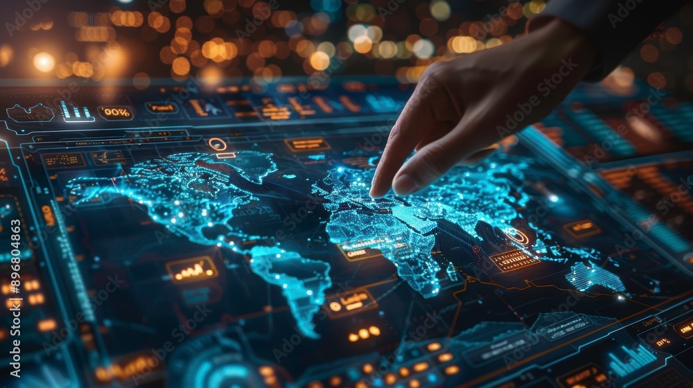 Poster a hand interacts with a high-tech digital world map, showcasing advanced technology and global conne