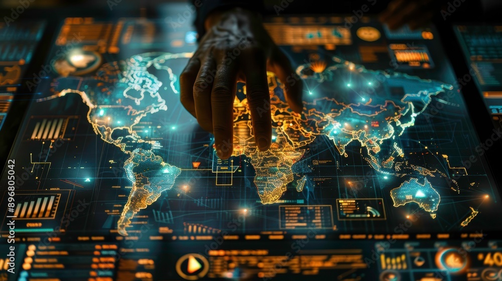 Poster a person's hand interacting with a digital world map showcasing global connectivity and data visuali