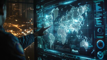 A person interacting with a digital map interface, showcasing global connectivity and advanced technology in a modern setting.