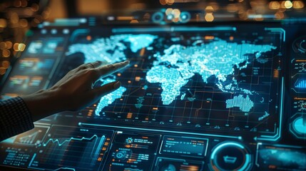 A person interacts with a high-tech touchscreen map, showcasing data analytics and global information in a futuristic environment.
