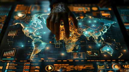 A person's hand interacting with a digital world map showcasing global connectivity and data visualization.