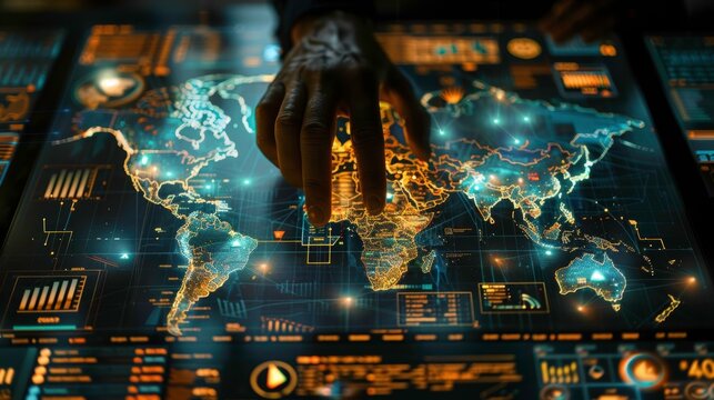 A person's hand interacting with a digital world map showcasing global connectivity and data visualization.