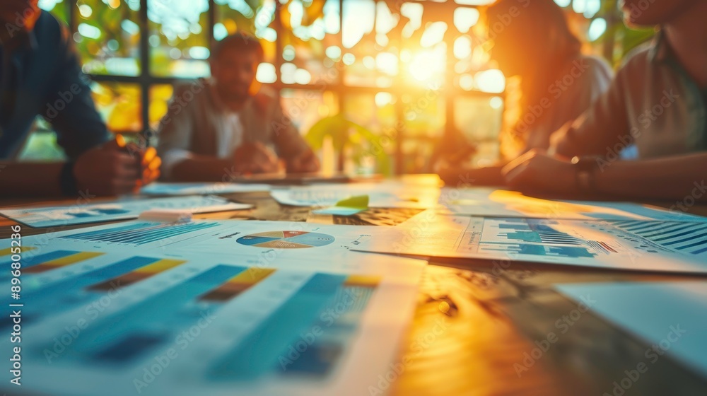 Poster a team collaborates around a table filled with charts and graphs, illuminated by sunlight streaming 