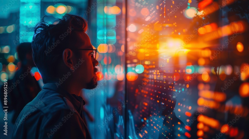 Poster a thoughtful man gazes at digital data visualizations, reflecting innovation and technology in an ur