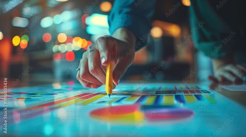 Poster close-up of a hand using a yellow pen to analyze colorful charts and graphs, symbolizing data analys
