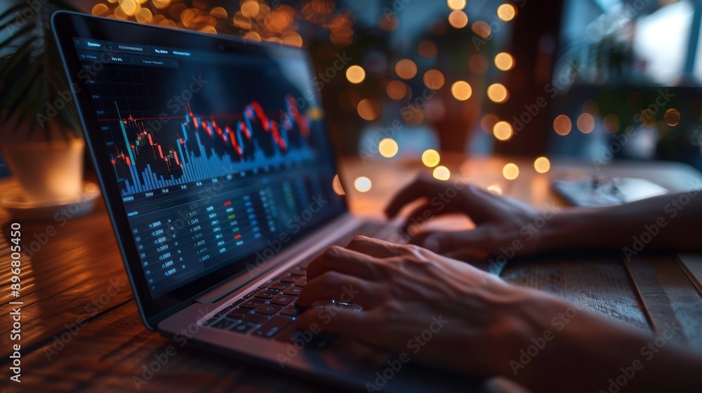 Poster close-up of a person analyzing stock market data on a laptop with beautiful bokeh lights in the back
