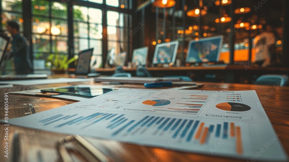 Poster close-up of analytics reports on a modern wooden table in a stylish office with computers in the bac