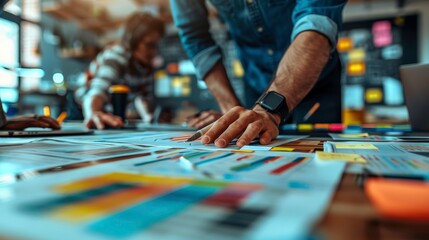 Obraz premium Close-up of hands examining printed materials in a creative workspace, showcasing teamwork and brainstorming in action.