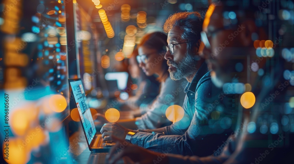 Poster focused professionals working on laptops in a high-tech environment with glowing lights and digital 