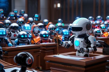 Fototapeta premium 7. An image showing a high-tech courtroom with a robotic judge presiding over a case involving AI ethics and regulations. Lawyers present evidence on holographic displays, and the jury is composed of