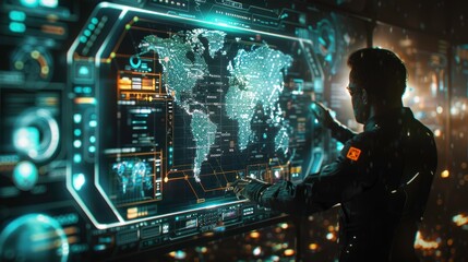 Futuristic interface displaying a world map with a user interacting, representing technology and global connectivity.
