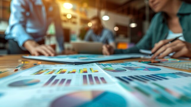 Detailed analysis of business charts and graphs during a strategic planning meeting in a modern workspace.