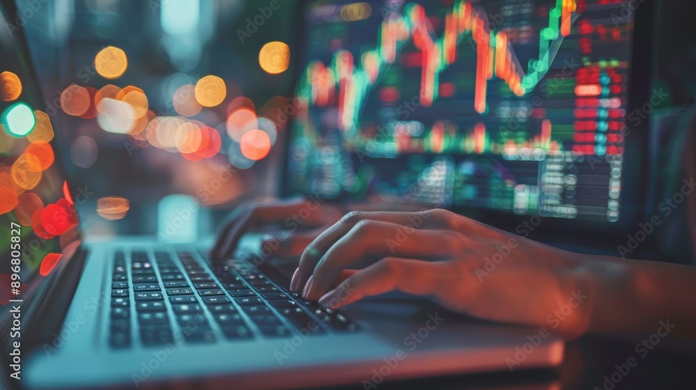 Poster hands typing on a laptop, analyzing data with a colorful financial chart in the background, in a dyn