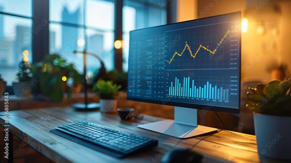 Poster modern workspace featuring a computer displaying financial data, surrounded by plants, ideal for bus