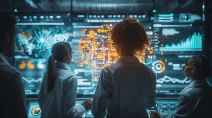 Group of scientists analyzing data on futuristic screens in a high-tech laboratory, focusing on innovation and technology.