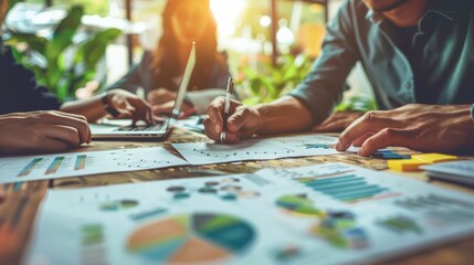Obraz premium Group working together on charts and reports, collaborating in a bright office space filled with greenery and natural light.