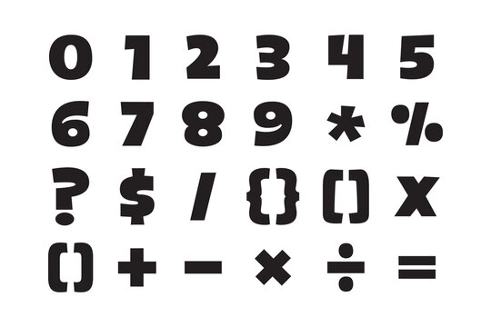 Black ink cute isolated numbers and math signs icons set design element on white background