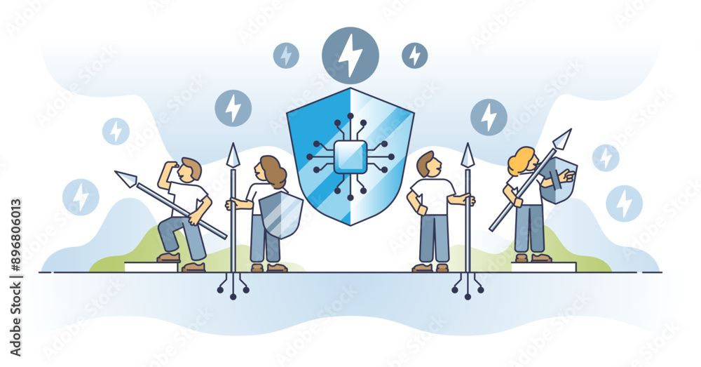 Poster cybersecurity and digital information protection from attacks outline concept, transparent backgroun
