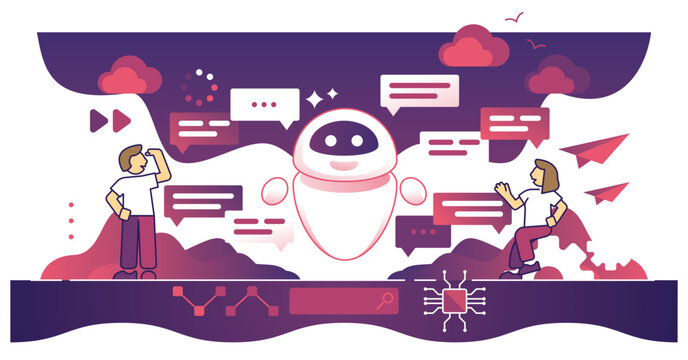recommend clip art: Chat bot conversation using AI online service technologies outline concept, transparent background. Artificial intelligence robot as customer support and assistant for questions illustration.