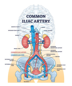 Common iliac artery as aorta towards the pelvic region outline diagram, transparent background. Labeled educational medical scheme with blood flow anatomy and body arteries illustration.
