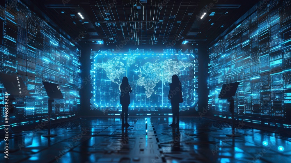 Poster silhouettes of two individuals in a futuristic data environment, surrounded by glowing digital displ