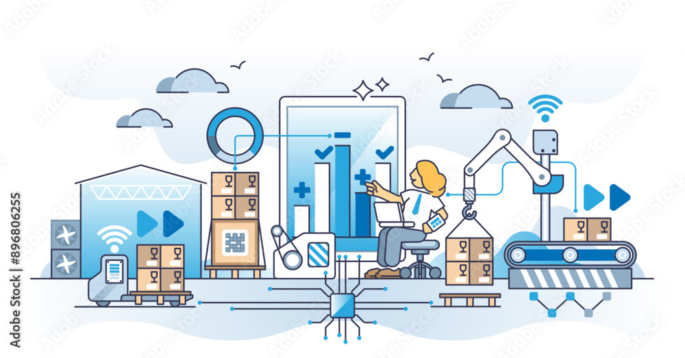 Poster inventory control and automated warehouse product management outline concept, transparent background
