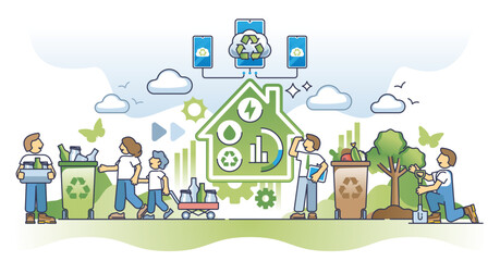 Fototapeta premium Home sustainability insights with smart resources management outline concept, transparent background. Effective recycling, autonomous house heating, cooling and lighting systems.