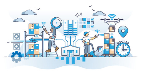 Inventory systems as warehouse supply and order management outline concept, transparent background. Modern and smart stock automation with parcel monitoring and demand control.