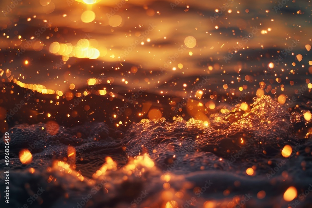 Poster a close-up view of a vibrant sunset casting a fiery glow over the rippling water surface, ember-like