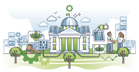 Naklejka premium Solar economy and government green energy development support outline concept, transparent background. Sun panel electricity funding and give subsidiary to private sector illustration.